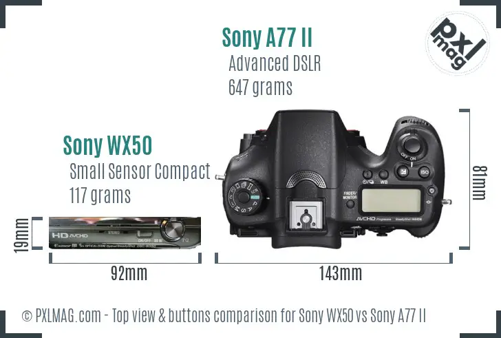 Sony WX50 vs Sony A77 II top view buttons comparison