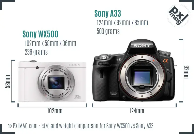 Sony WX500 vs Sony A33 size comparison