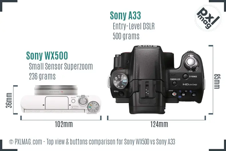 Sony WX500 vs Sony A33 top view buttons comparison