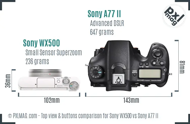 Sony WX500 vs Sony A77 II top view buttons comparison