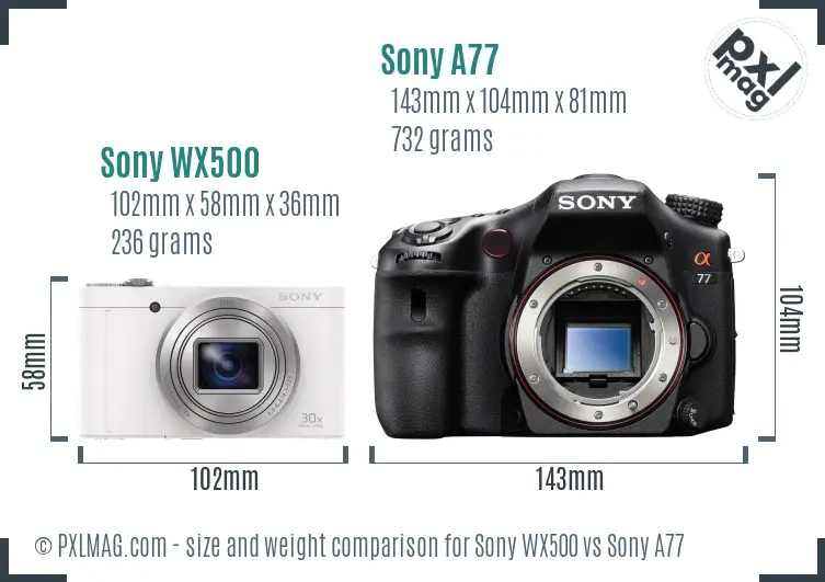 Sony WX500 vs Sony A77 size comparison