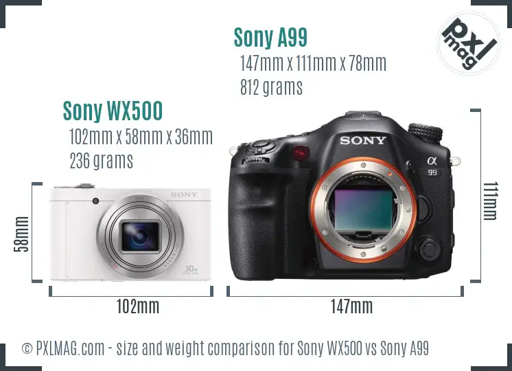 Sony WX500 vs Sony A99 size comparison