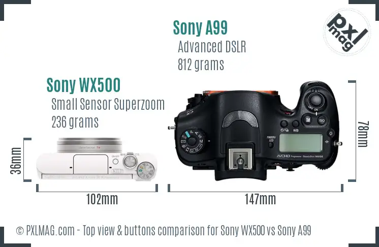 Sony WX500 vs Sony A99 top view buttons comparison