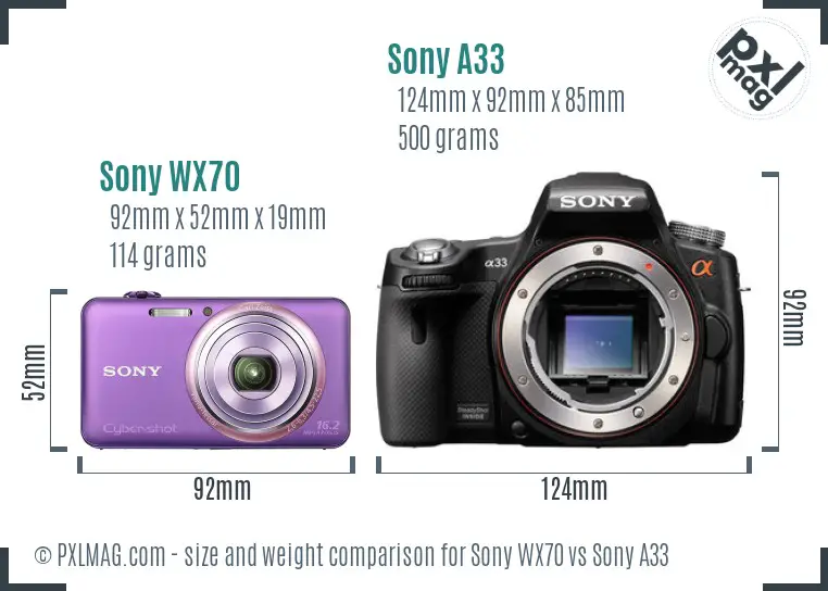 Sony WX70 vs Sony A33 size comparison