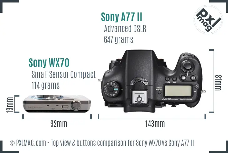 Sony WX70 vs Sony A77 II top view buttons comparison