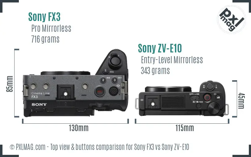 Sony FX3 vs Sony ZV-E10 top view buttons comparison Sony FX3 vs Sony ZV-E10 top view buttons comparison