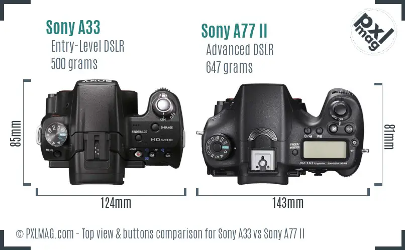 Sony A33 vs Sony A77 II top view buttons comparison