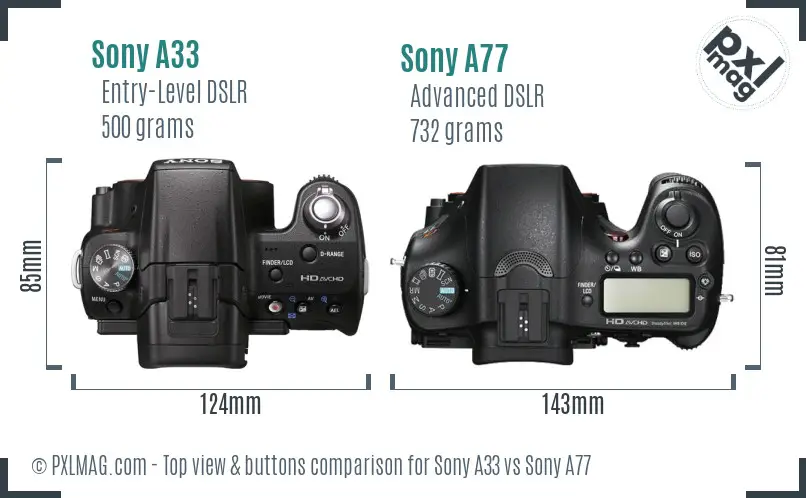 Sony A33 vs Sony A77 top view buttons comparison
