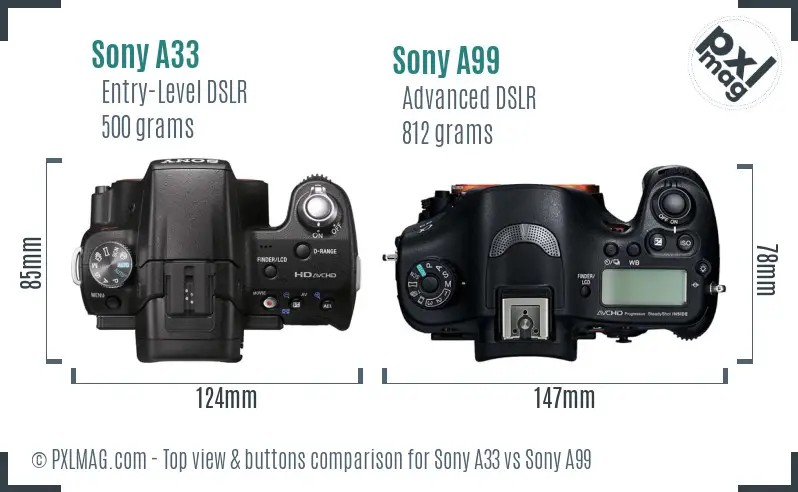 Sony A33 vs Sony A99 top view buttons comparison