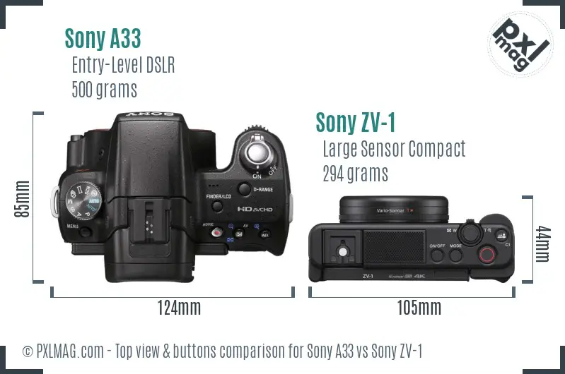 Sony A33 vs Sony ZV-1 top view buttons comparison
