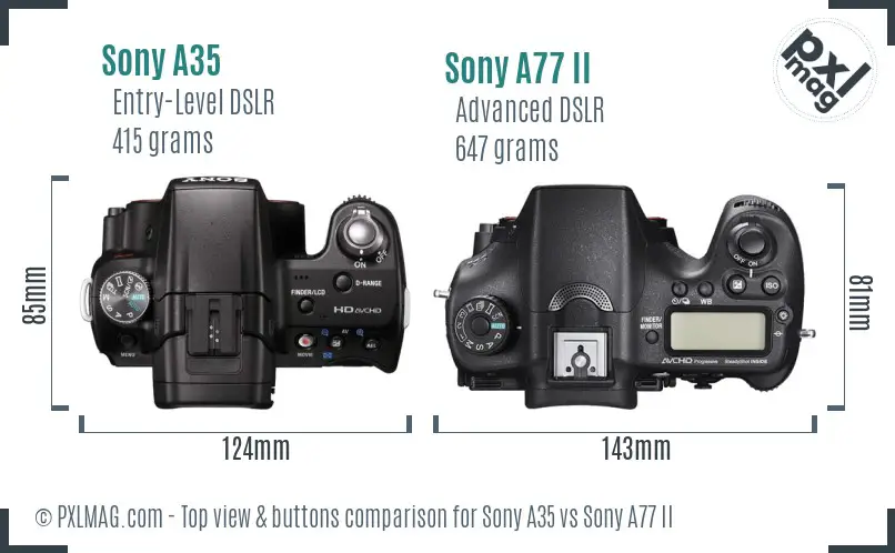 Sony A35 vs Sony A77 II top view buttons comparison