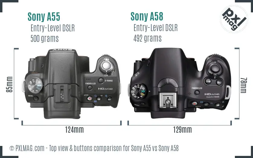Sony A55 vs Sony A58 top view buttons comparison