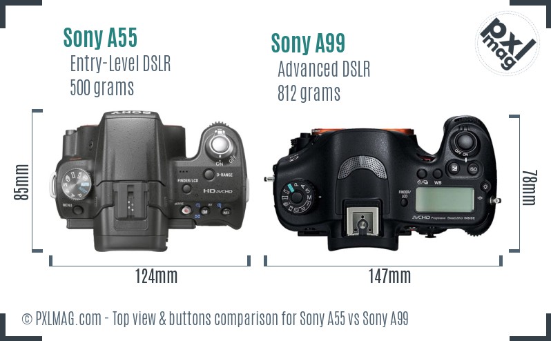 Sony A55 vs Sony A99 top view buttons comparison