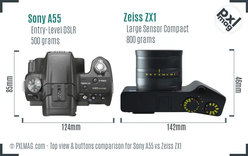 Sony A55 vs Zeiss ZX1 top view buttons comparison