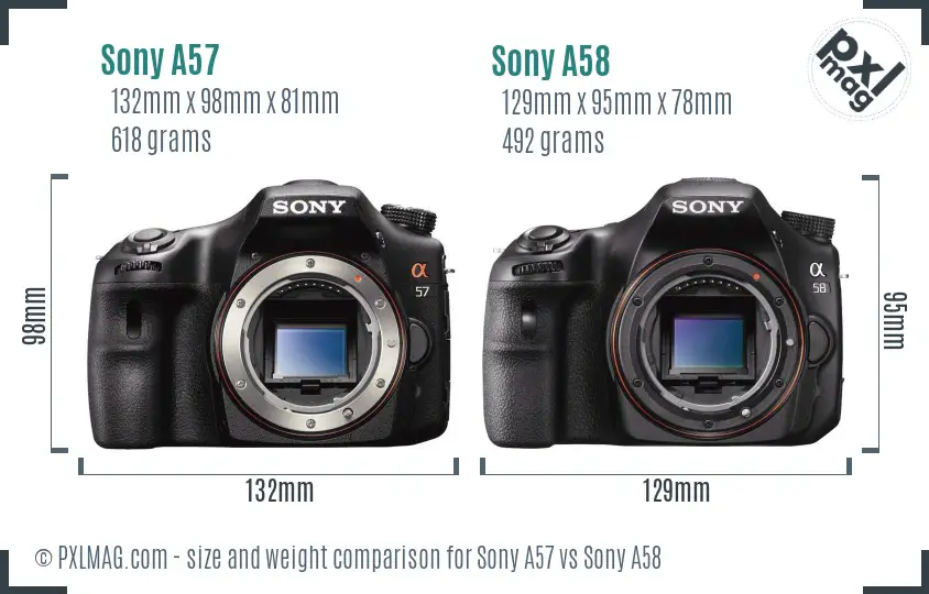 Sony A57 vs Sony A58 size comparison