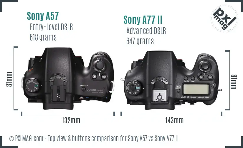 Sony A57 vs Sony A77 II top view buttons comparison