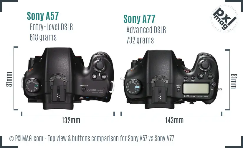 Sony A57 vs Sony A77 top view buttons comparison