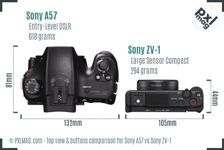 Sony A57 vs Sony ZV-1 top view buttons comparison