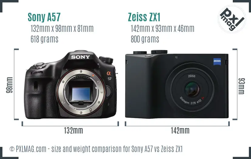 Sony A57 vs Zeiss ZX1 size comparison