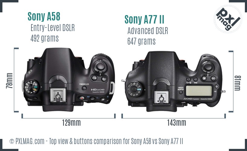 Sony A58 vs Sony A77 II top view buttons comparison