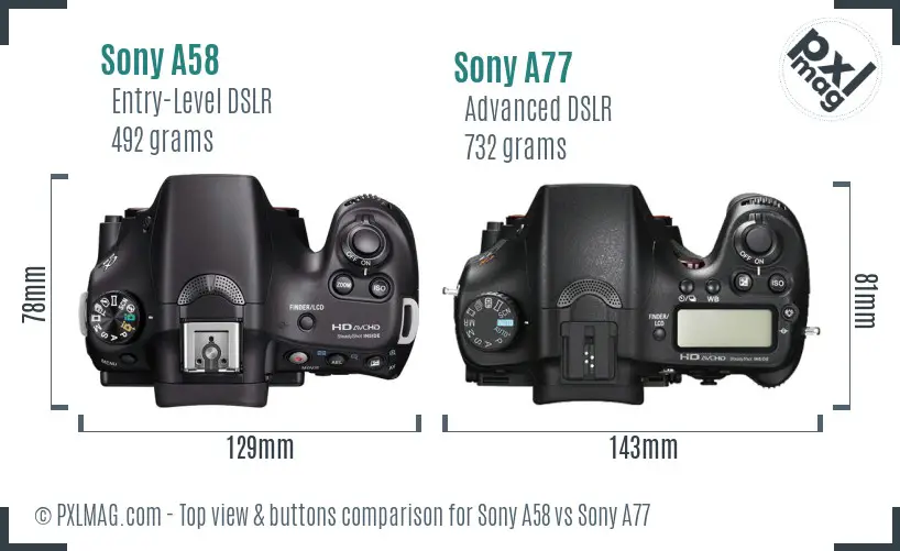 Sony A58 vs Sony A77 top view buttons comparison