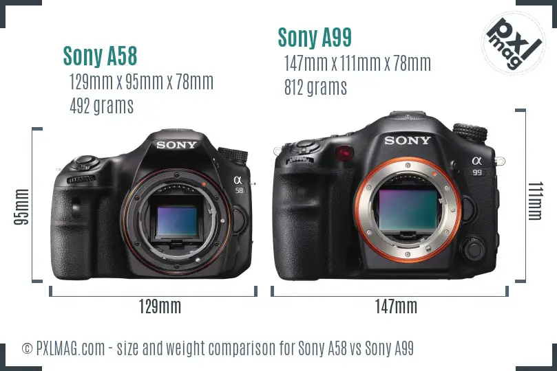 Sony A58 vs Sony A99 size comparison