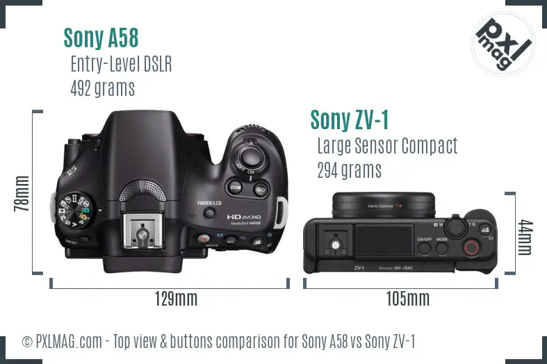 Sony A58 vs Sony ZV-1 top view buttons comparison