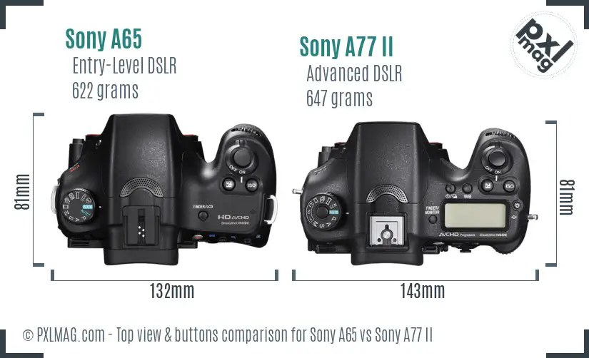 Sony A65 vs Sony A77 II top view buttons comparison