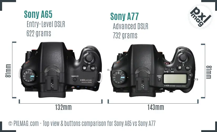 Sony A65 vs Sony A77 top view buttons comparison