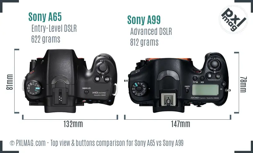 Sony A65 vs Sony A99 top view buttons comparison