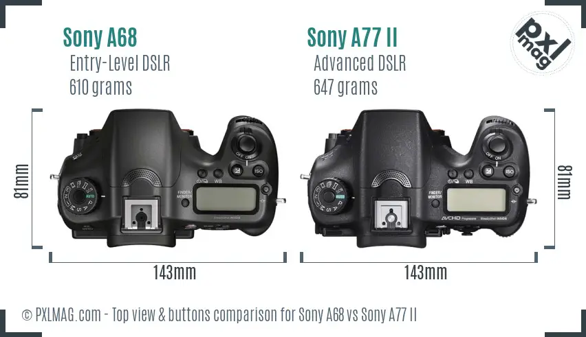 Sony A68 vs Sony A77 II top view buttons comparison