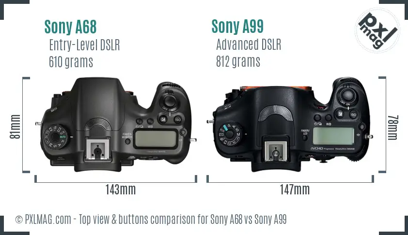 Sony A68 vs Sony A99 top view buttons comparison