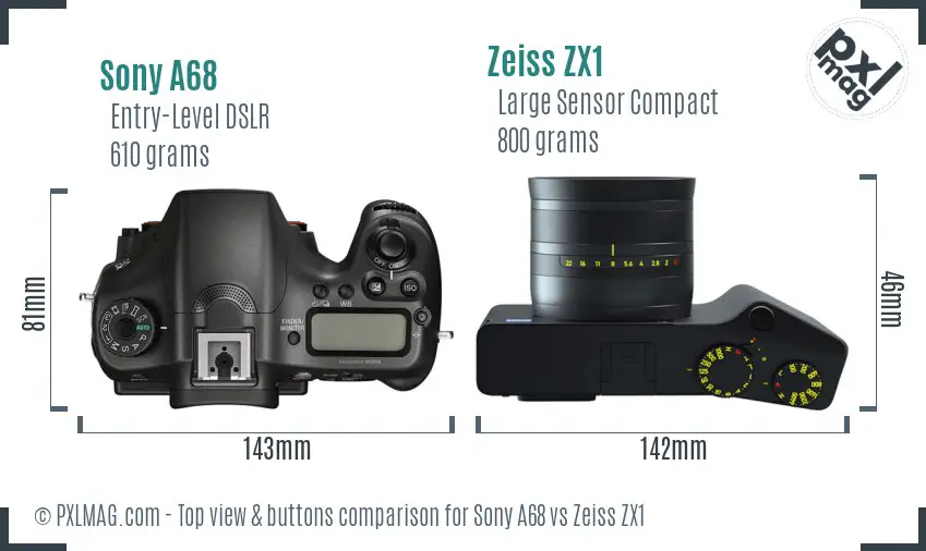 Sony A68 vs Zeiss ZX1 top view buttons comparison