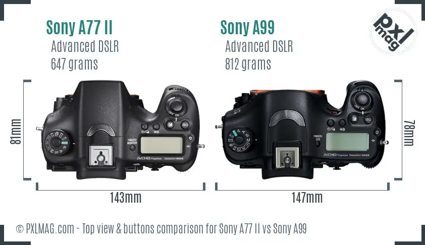 Sony A77 II vs Sony A99 top view buttons comparison