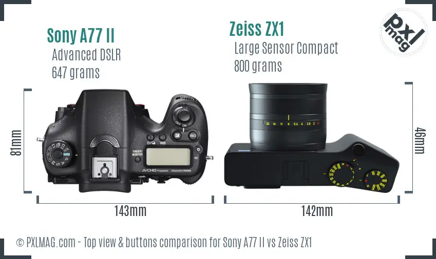 Sony A77 II vs Zeiss ZX1 top view buttons comparison