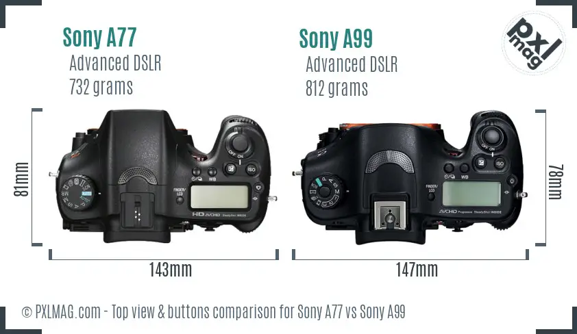 Sony A77 vs Sony A99 top view buttons comparison