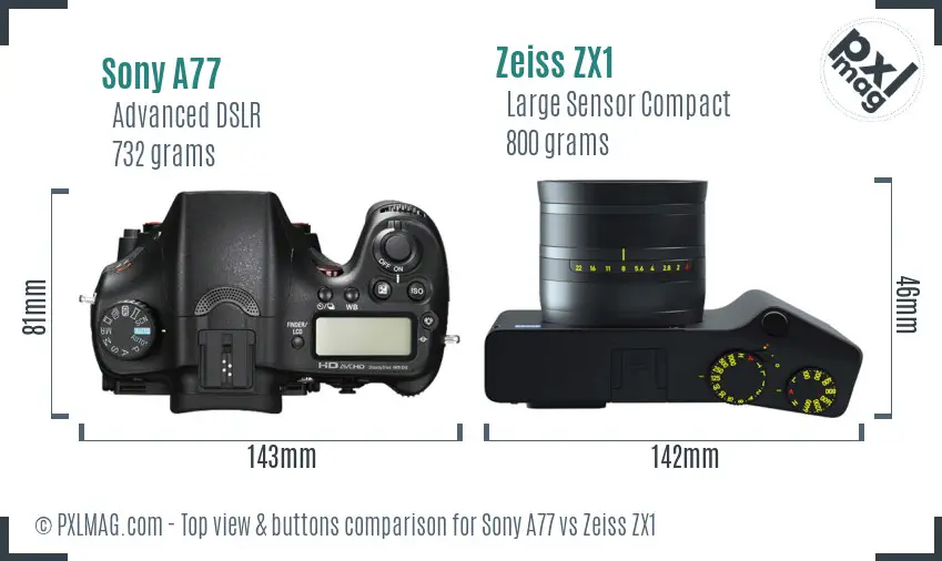 Sony A77 vs Zeiss ZX1 top view buttons comparison