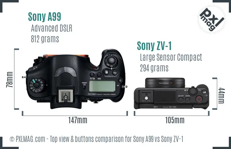 Sony A99 vs Sony ZV-1 top view buttons comparison