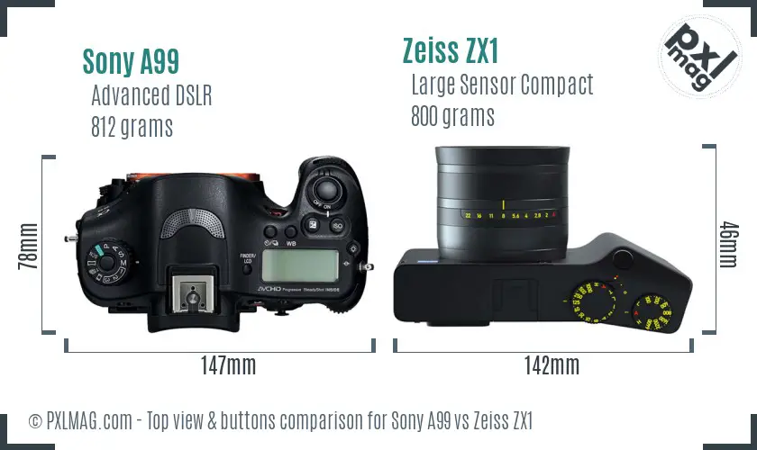 Sony A99 vs Zeiss ZX1 top view buttons comparison