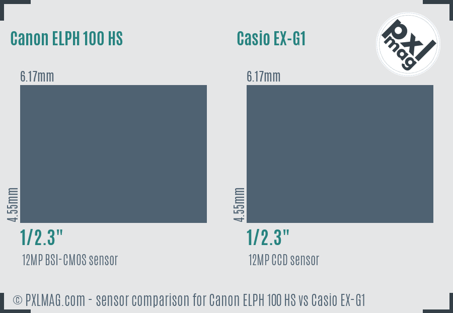 Canon ELPH 100 HS vs Casio EX-G1 sensor size comparison