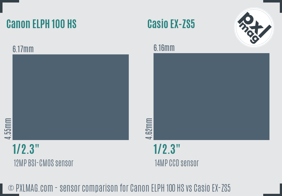 Canon ELPH 100 HS vs Casio EX-ZS5 sensor size comparison