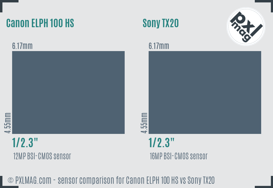 Canon ELPH 100 HS vs Sony TX20 sensor size comparison