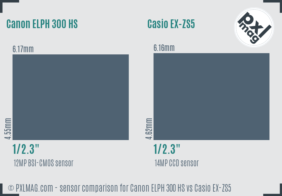 Canon ELPH 300 HS vs Casio EX-ZS5 sensor size comparison