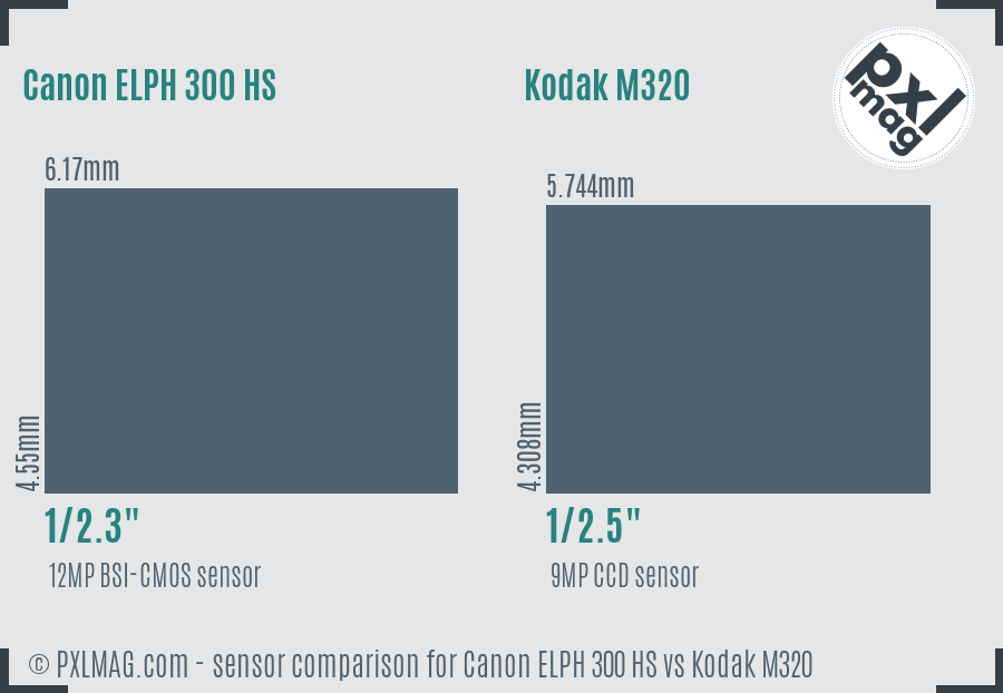 Canon ELPH 300 HS vs Kodak M320 sensor size comparison