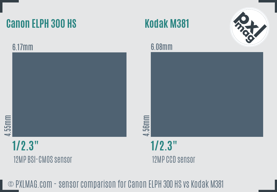 Canon ELPH 300 HS vs Kodak M381 sensor size comparison