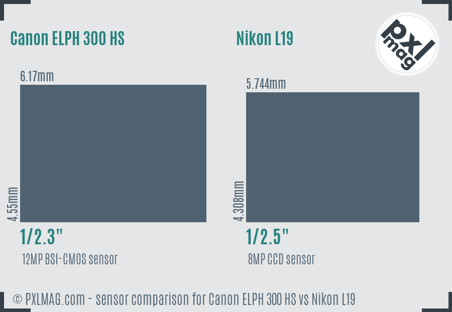 Canon ELPH 300 HS vs Nikon L19 sensor size comparison