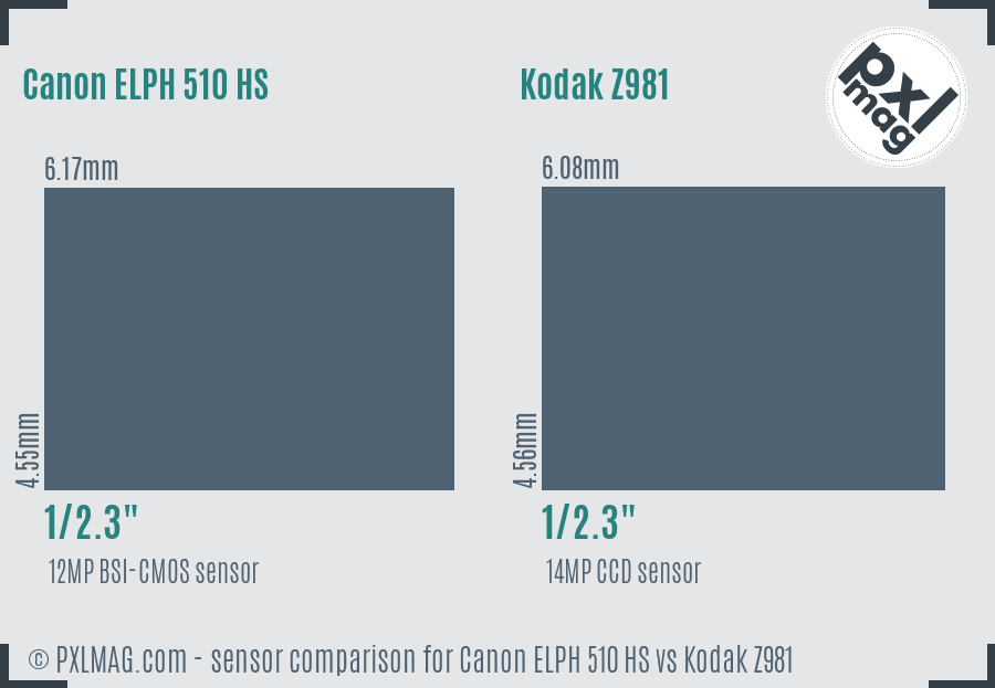 Canon ELPH 510 HS vs Kodak Z981 sensor size comparison Canon ELPH 510 HS vs Kodak Z981 sensor size comparison