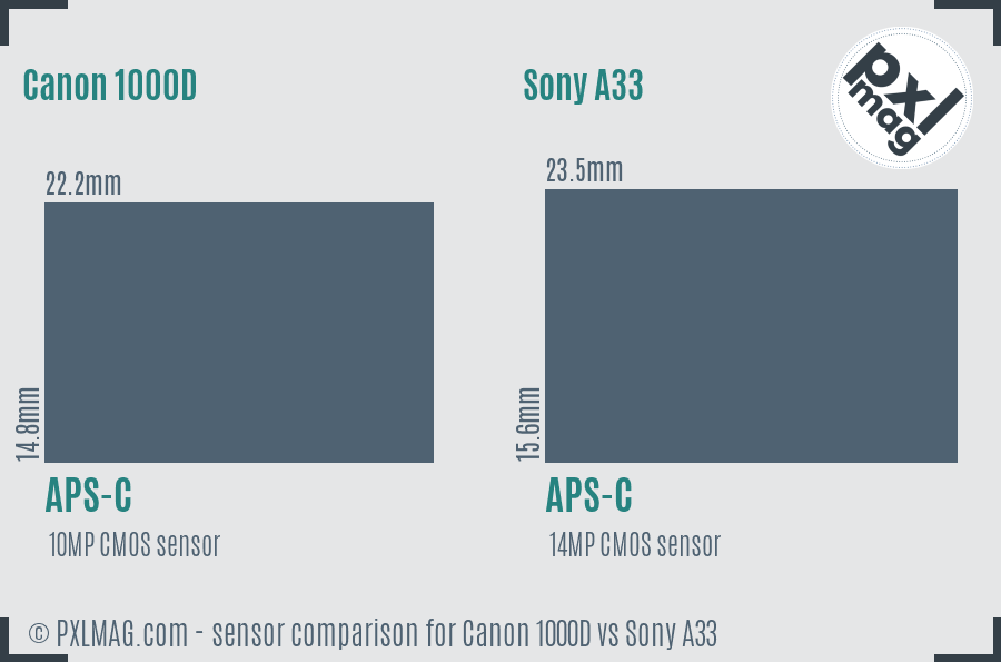 Canon 1000D vs Sony A33 sensor size comparison