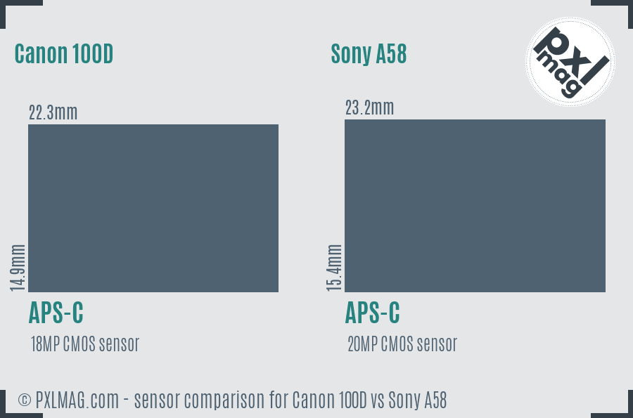 Canon 100D vs Sony A58 sensor size comparison