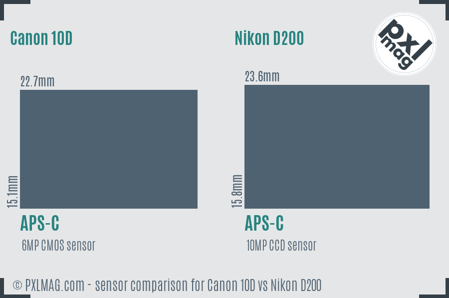 Canon 10D vs Nikon D200 sensor size comparison